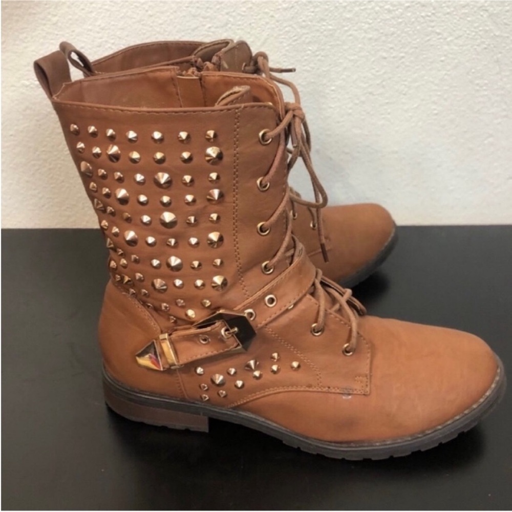 Chase + Chloe Brown Faux Leather Gold Studded Boots